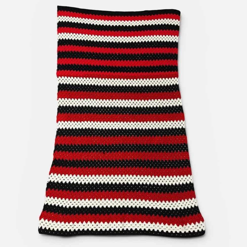 Handmade Crochet Throw Afghan Blanket Red Black White Striped Granny Stitch Boho
